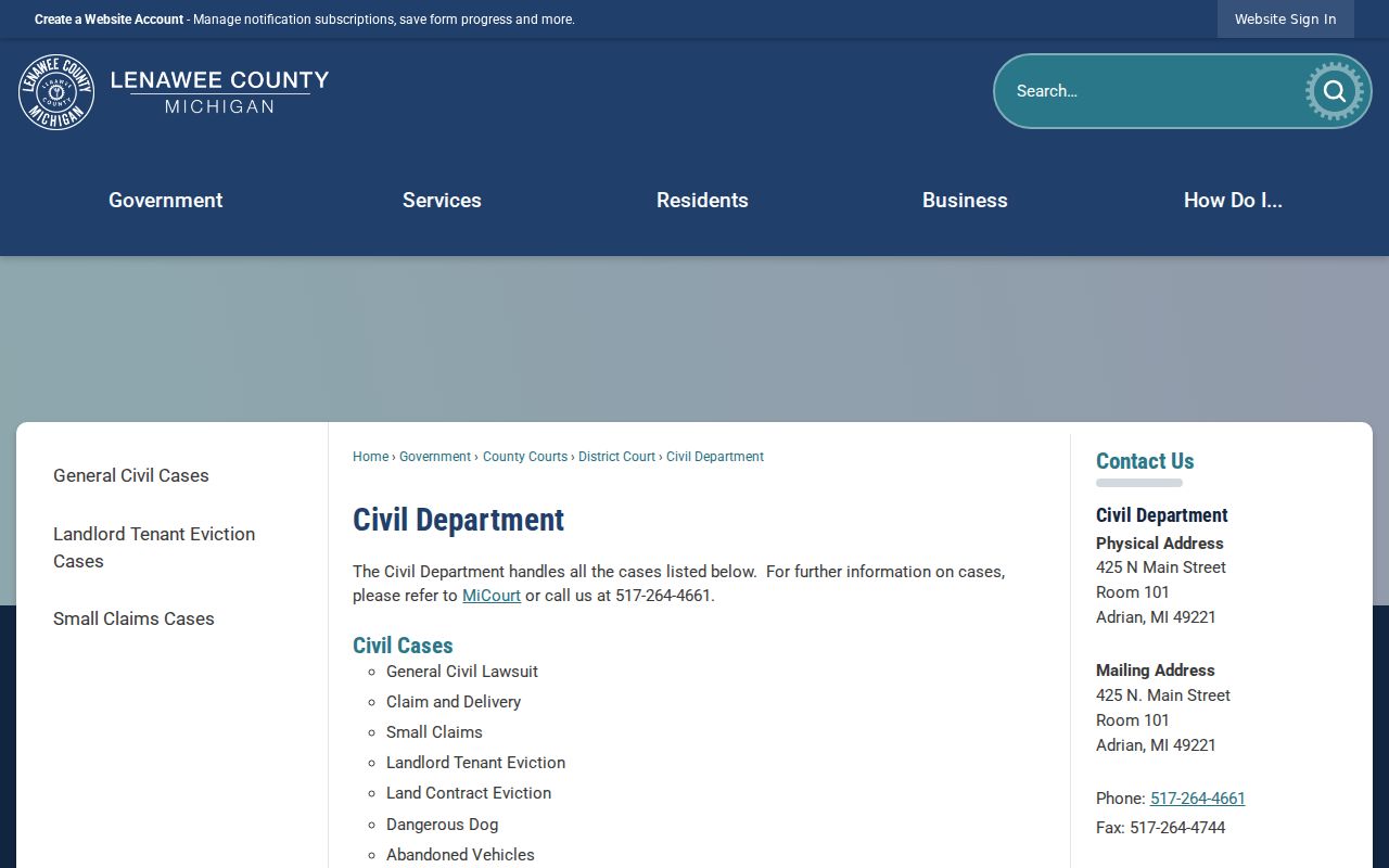 Lenawee County civil docket 2A Civil Department source