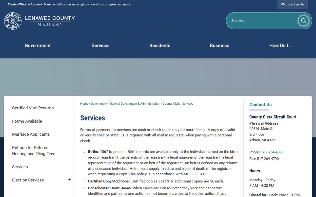 Lenawee court record services and copy request information