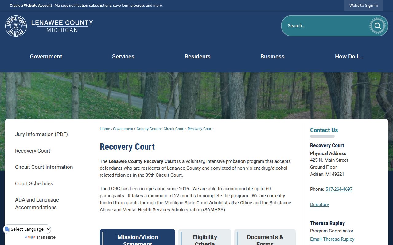 Lenawee County criminal docket Adult Drug Treatment Court