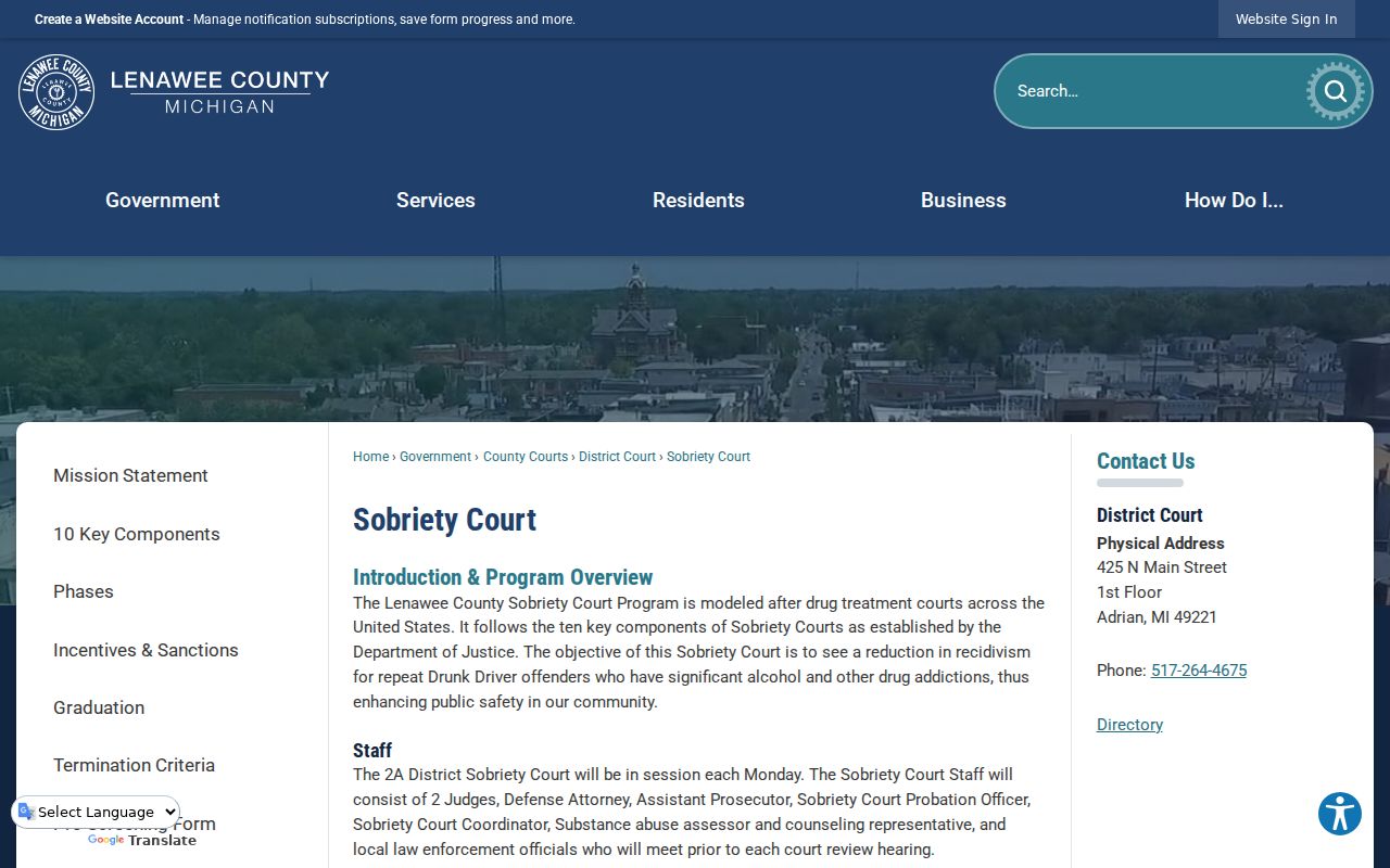 Lenawee County criminal docket Sobriety Court program