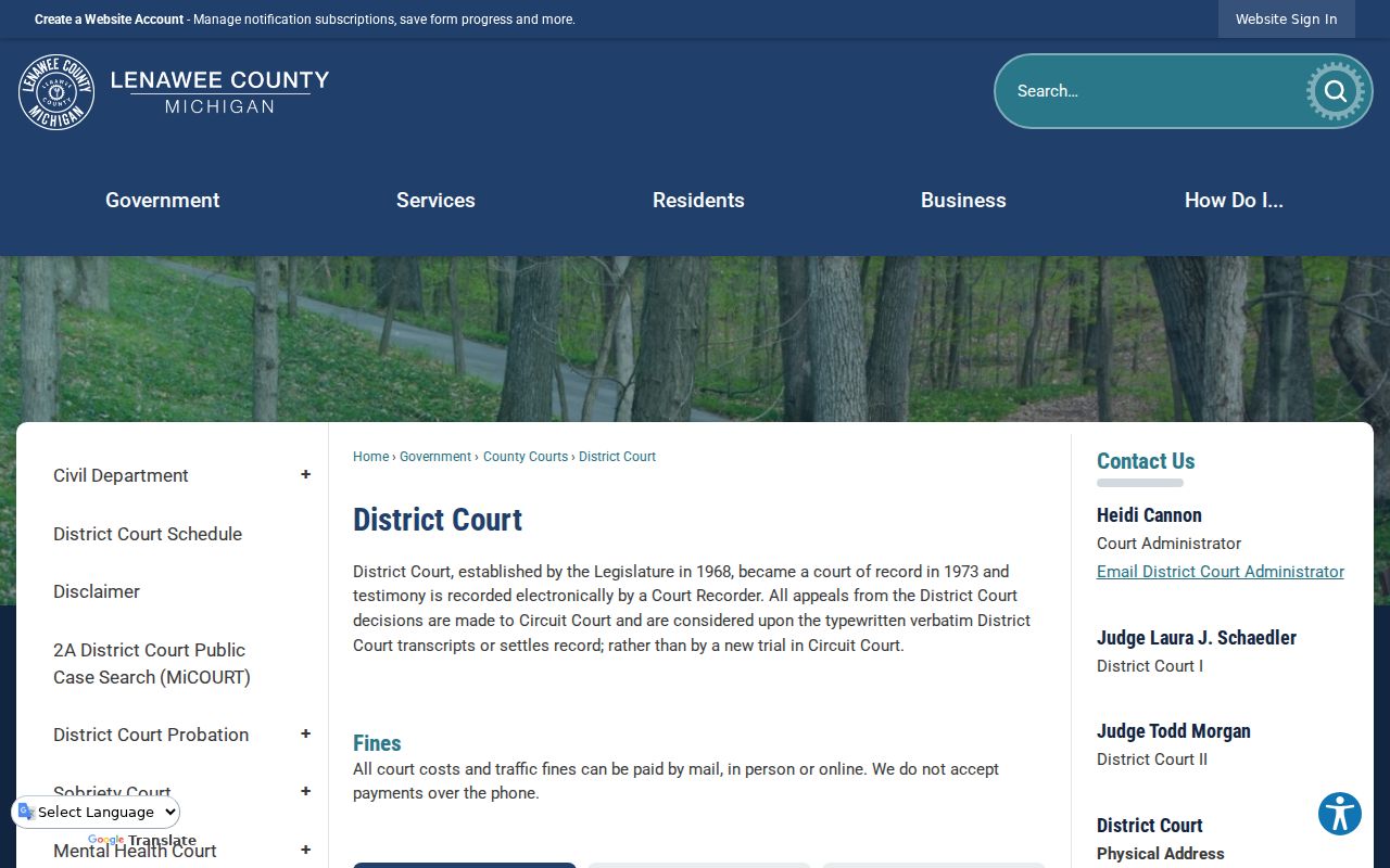 Lenawee County court docket 2A District Court information