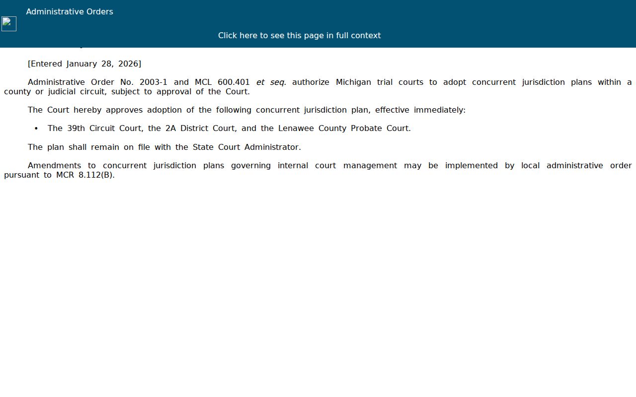 Lenawee County court docket administrative order source
