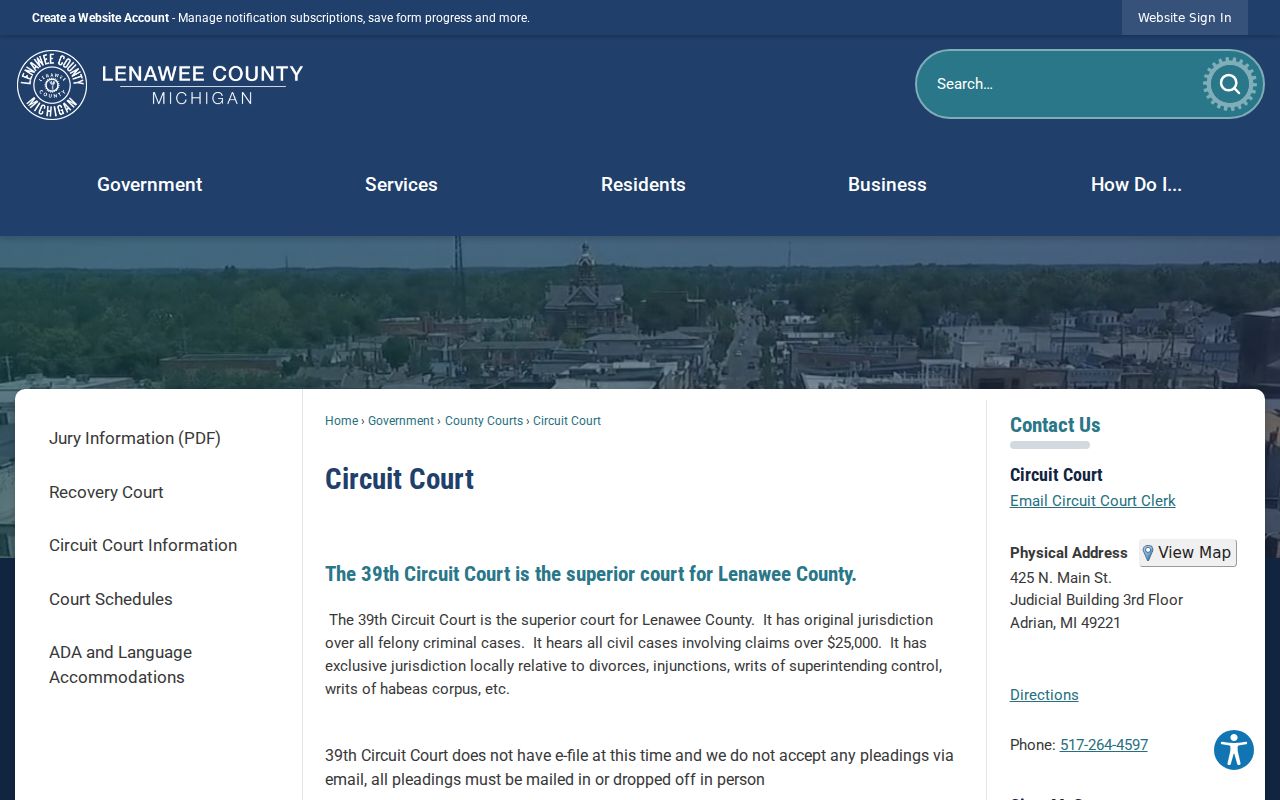 Lenawee County court docket 39th Circuit Court clerk information